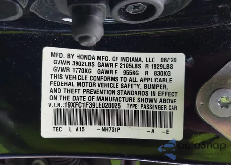 2020 Honda Civic Ex из США, поврежденный, VIN 19XFC1F39LE020025